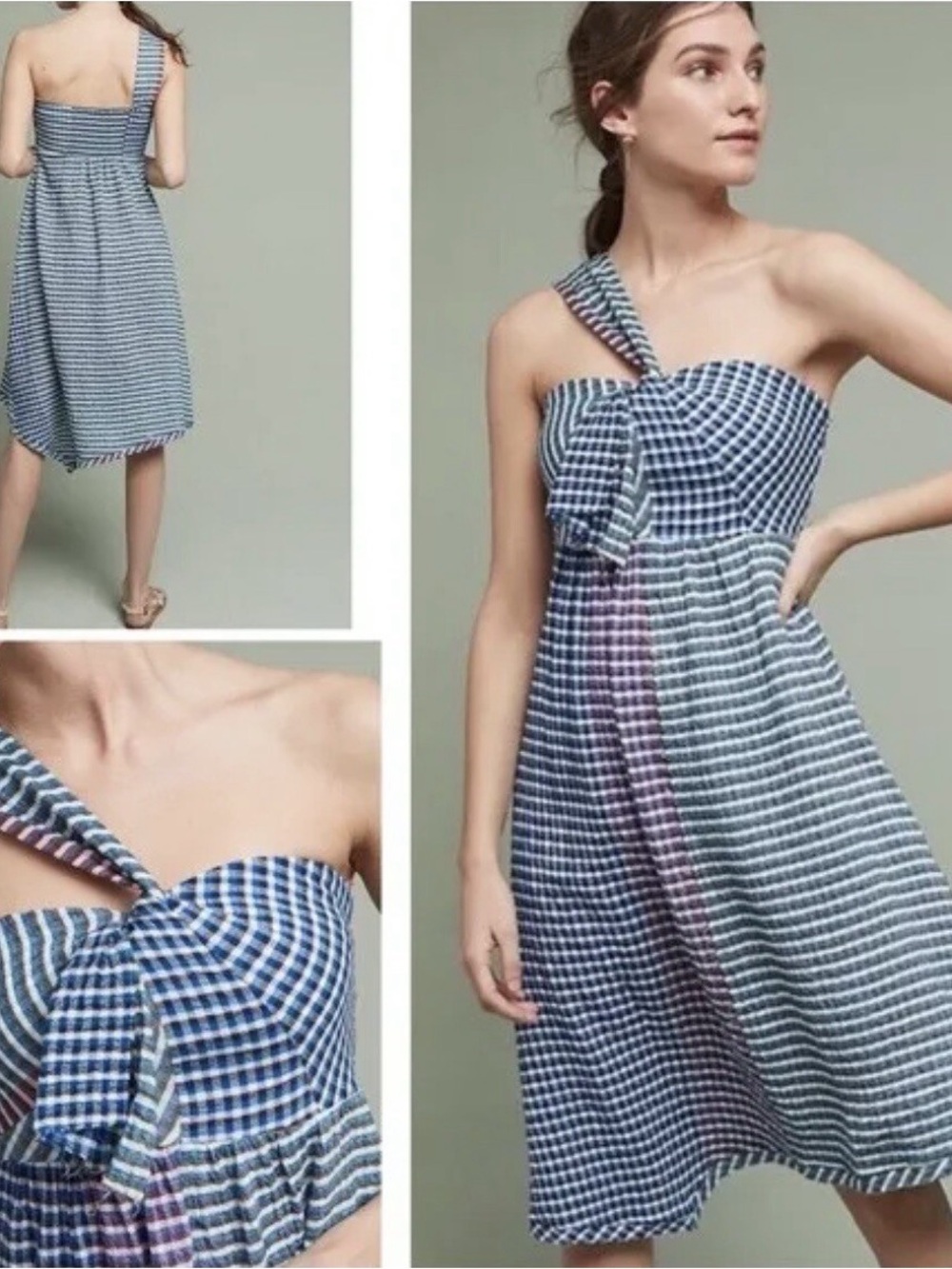 Maeve Blue Gingham One-Shoulder Knot Sundress